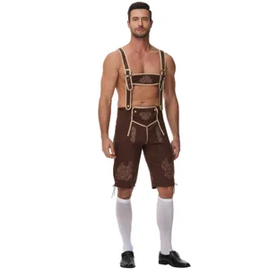 Men's Bavarian German Oktoberfest Lederhosen costume with suspenders and traditional embroidery.