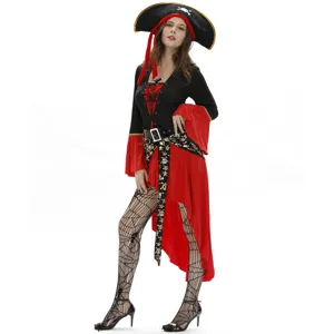 Halloween women pirate costume set, sexy captain cosplay dress with hat and tights.