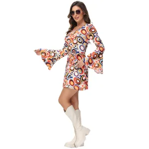 Retro vestido disco 70s vista detallada, estampado geométrico colorido manga larga.
