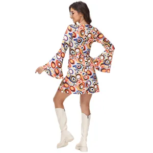 Vestido mini de manga larga acampanada con estampado geométrico psicodélico retro 70s.