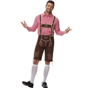 Detailed presentation of Bavarian Oktoberfest men costume set featuring classic lederhosen.