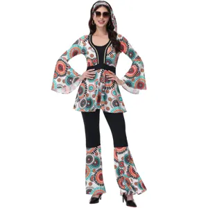 Costume Hippie Disco Rétro pour Couples Hommes Femmes Halloween Cosplay Manches Évasées Ensemble Haut et Bas Imprimé Floral