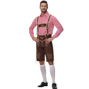 Mens Bavarian Oktoberfest costume detail showing traditional checkered shirt and lederhosen.