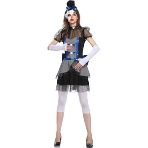Women Ghost Doll Costume Set With Checkered Dress Hat Mask Gloves For Halloween Party Stage Performance Role Play Outfit