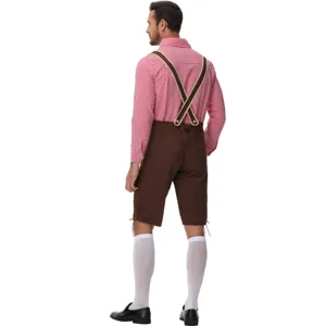 Back view details of men traditional German Oktoberfest costume with checked shirt and lederhosen.
