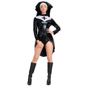 Detailed view of the black PU leather nun costume with cross collar and matching headdress.