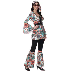 Ensemble de costume disco hippie rétro des années 70 avec haut à manches évasées.