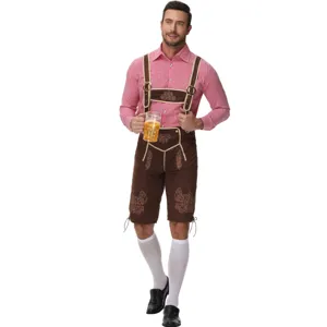 Men's German Oktoberfest costume traditional lederhosen and checkered shirt set for cosplay.