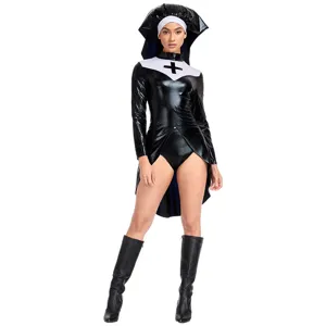 Sexy PU leather nun costume for women, black cosplay uniform perfect for Halloween parties.