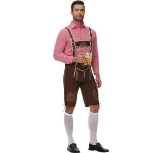 Detailed view of the traditional German Oktoberfest men costume with checkered shirt and lederhosen.