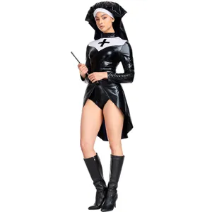 S-XXL PU Leather Nun Costume Sexy Roleplay Halloween Outfit Black Cosplay Dress Set