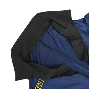 Detailed view of women's police roleplay costume collar and zipper design for party.