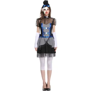 Halloween ghost doll zombie cosplay costume outfit for women, black white checkered dress with mask.