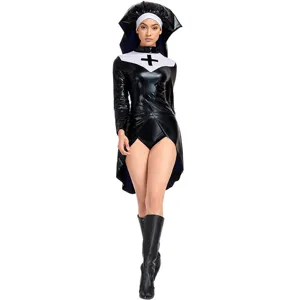 Detail view of the black PU leather nun cosplay costume, showing collar and cross design.