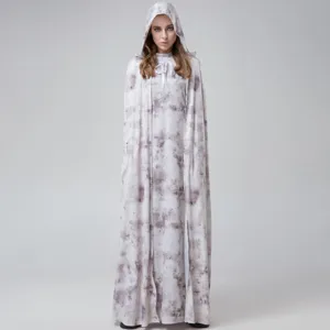 Vue détaillée du costume de cosplay de sorcière à capuche tie-dye gris pour femmes Halloween.