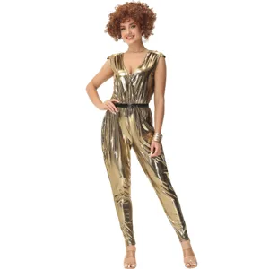 Detailed view of the metallic gold 80s disco jumpsuit costume for party stage performances.