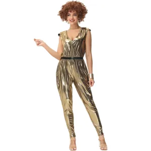 Vintage 80s metallic gold disco jumpsuit costume for women party stage performance wear.