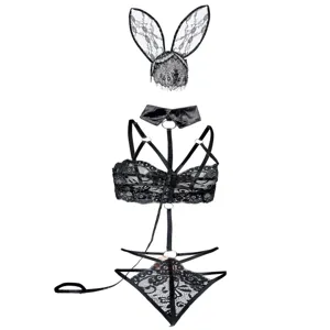 Ensemble de lingerie lapin en dentelle noire sexy costume de jeu de rôle trois pièces.