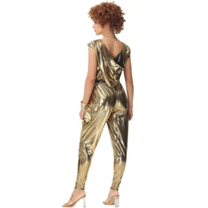 Retro 80s disco costume metallic gold jumpsuit for women carnival party stage performance.