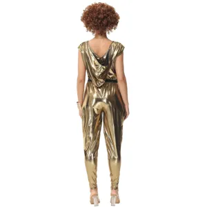 Back view detail of the shiny gold metallic disco jumpsuit costume, showing the hood and fit.