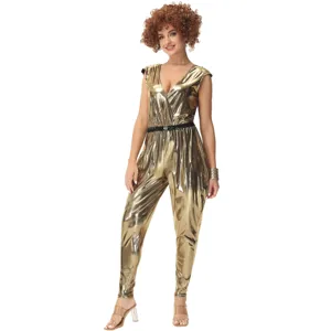 Detailed closeup view of metallic gold fabric and black belt on retro 80s disco jumpsuit