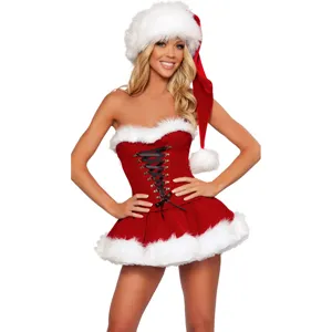 Sexy women Christmas Santa costume corset dress with faux fur trim and hat for cosplay party.