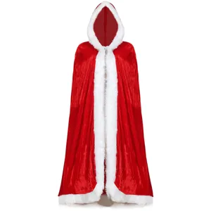 Mantello di Natale in velluto rosso con cappuccio, lunga cappa da Babbo Natale per festa.