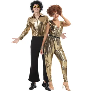 Retro 70s 80s Disco Costume Metallic Gold Jumpsuit And Top And Bottom Set For Men Women Music Festival Stage Performance Outfits