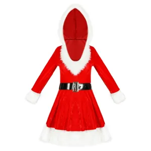 Sexy Christmas costume hooded Santa dress detail showing plush fur trim and belt.