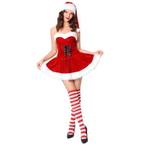 Sexy women Christmas costume set including velvet strapless dress, hat and striped socks for party.