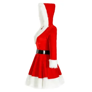 Detailed side view of sexy red velvet Christmas Santa dress with white plush trim and belt.