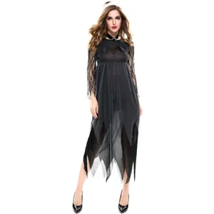 Detailed view of the black Halloween vampire costume with lace sleeves and irregular hem.