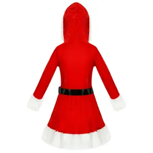 Sexy Christmas costume for women, red velvet hooded dress with white faux fur trim.