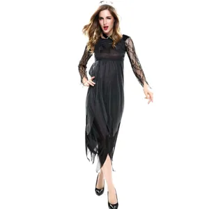 Halloween gothic vampire costume black lace long sleeve dress for women role play party outfit
