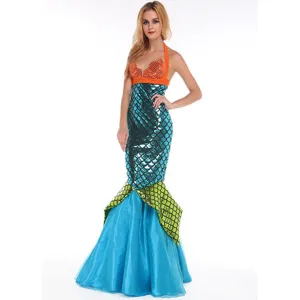 Halloween mermaid costume set featuring sequin halter top and fishtail skirt for parties.