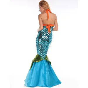 Detailed back view of the mermaid costume featuring metallic blue scales and bright orange halter top.