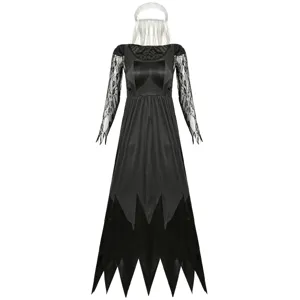 Halloween vampire bride costume black dress with lace sleeves and spooky veil headpiece.