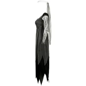 Detailed view of the black lace sleeves and irregular hem on this Halloween vampire bride costume.