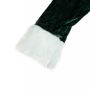 Detailed view of green velvet costume sleeve with soft white faux fur trim, festive wear.
