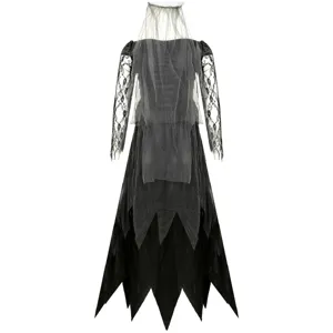 Detailed view of black lace sleeves and sheer mesh cape on gothic vampire costume dress.