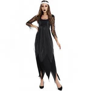 Close-up view of the gothic black lace sleeves and jagged hemline details of the costume.
