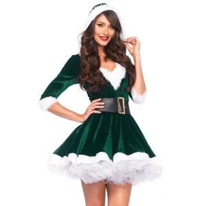 Women green velvet Christmas costume sexy hooded dress with belt for holiday party cosplay