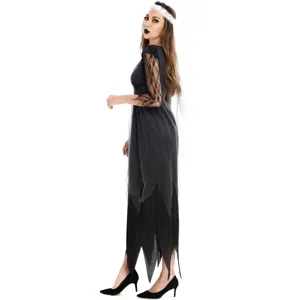 Close-up view of the black lace vampire costume sleeve and irregular hem detail.