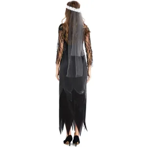 Black lace sleeves and jagged hem back view of Halloween vampire bride costume with veil.