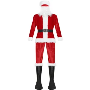 Detailed view of the premium Santa Claus costume set including red plush coat, hat, and beard.