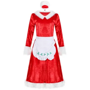 Red velvet Christmas costume detail with white plush trim, festive holiday dress feature.
