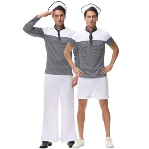 Men's Striped Sailor Suit Halloween Costume British Navy Uniform Cosplay Outfit With Hat Tie Shirt Pants For Performance Party