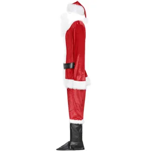 Detailed side view of the premium plush Santa Claus costume set with hat and boots.