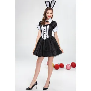Sexy bunny girl costume for women, black and white cosplay maid outfit with cute ears headband.