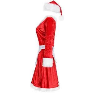 Detailed side view of red velvet Christmas costume dress with white faux fur trim and hat.